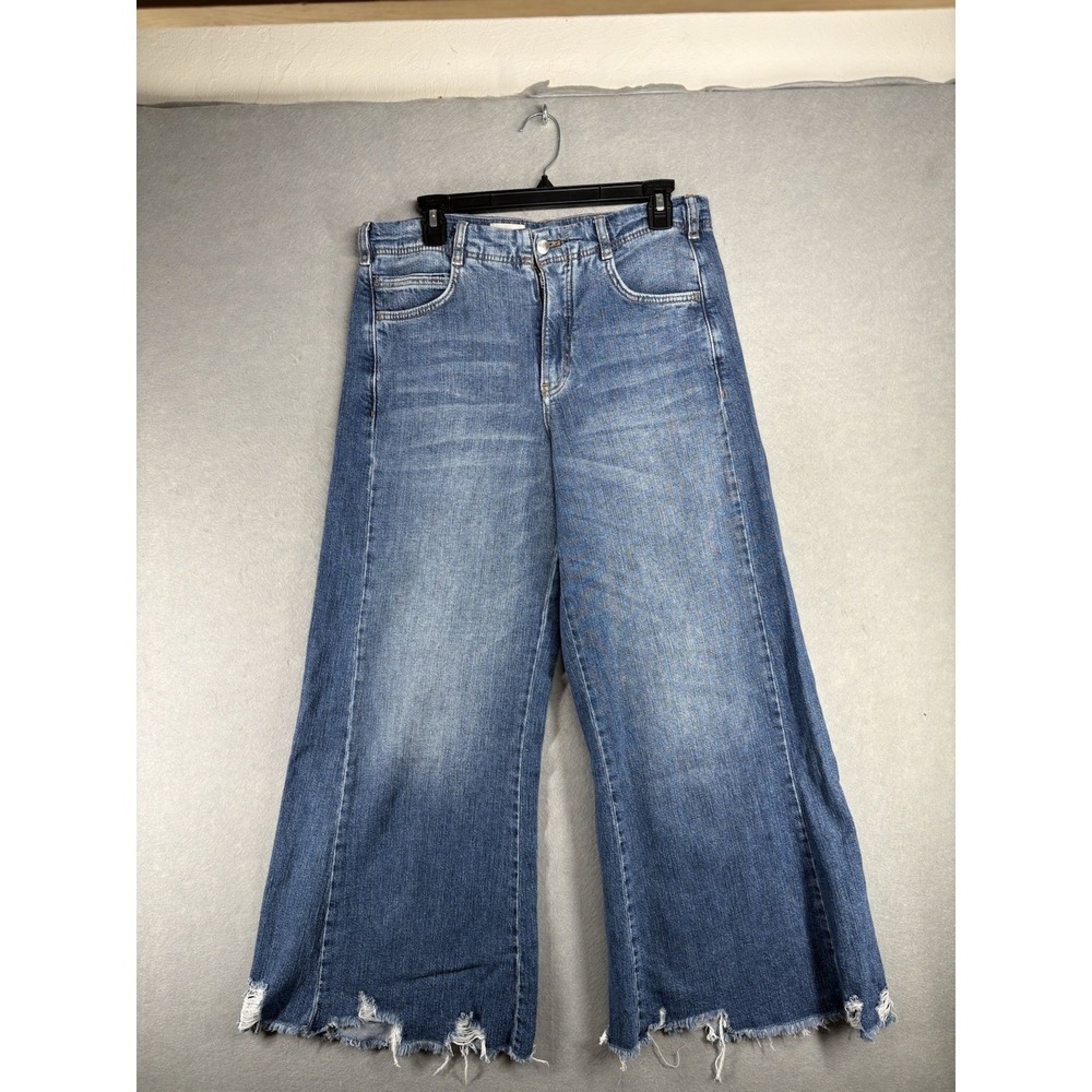 Pilcro Jeans Womens Sz 29 Dark Blue Barrel Anthropologie Baggy Wide Distress Hem
